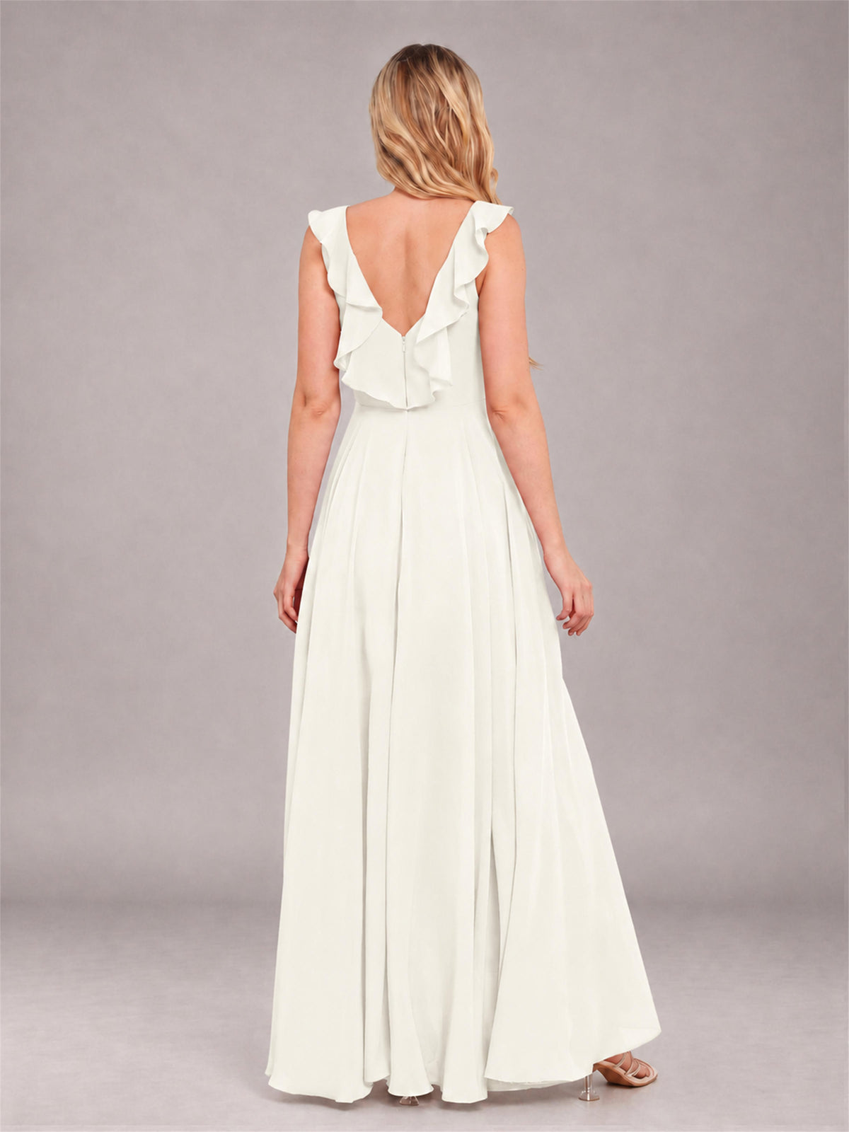 Ivory Modern V-Neck Sleeveless Ruffles Floor Length Bridesmaid Dress