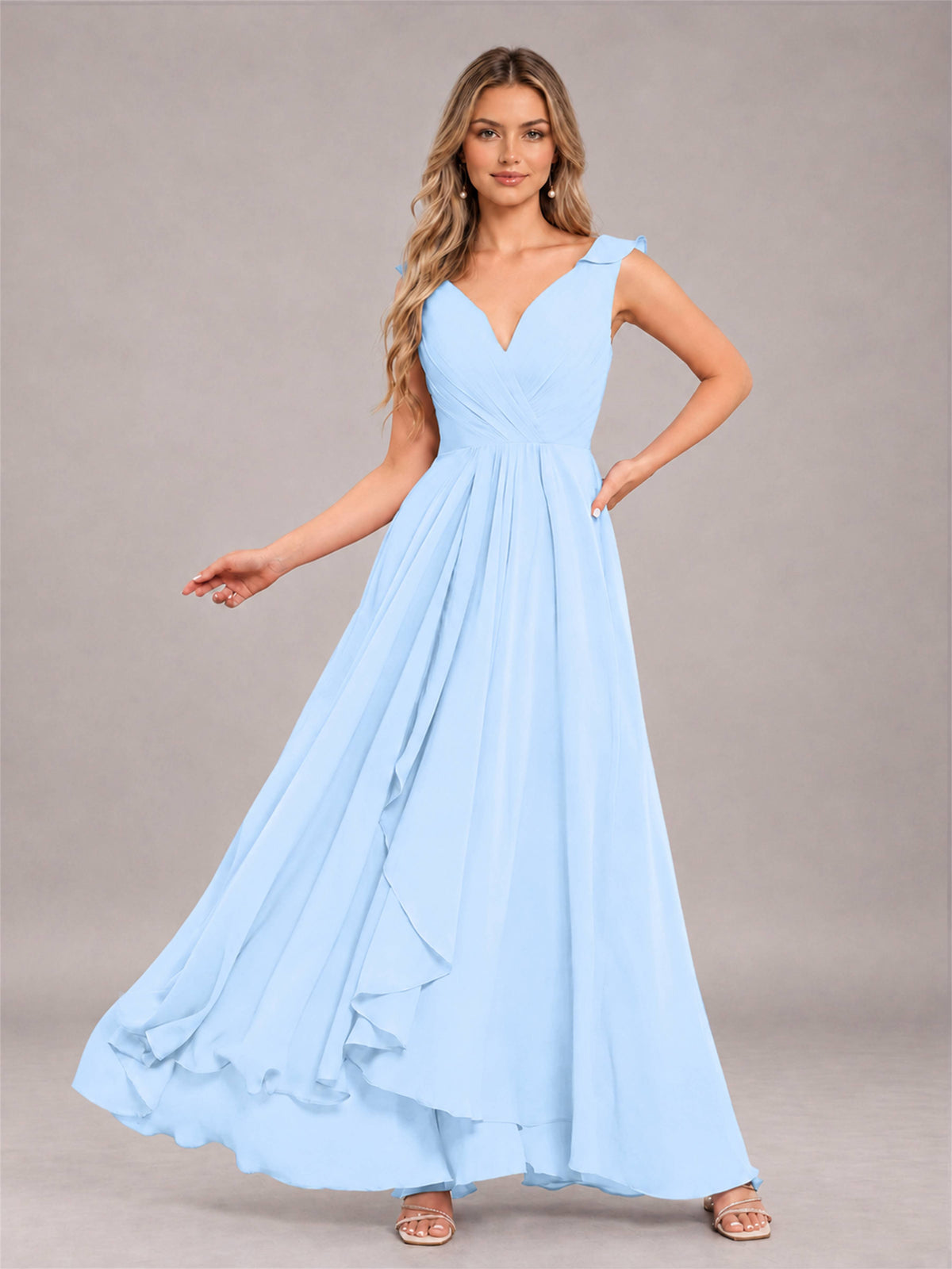 Light Blue Modern V-Neck Sleeveless Ruffles Floor Length Bridesmaid Dress