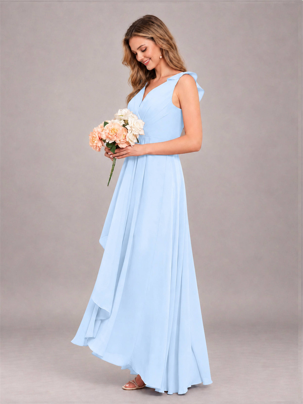 Light Blue Modern V-Neck Sleeveless Ruffles Floor Length Bridesmaid Dress