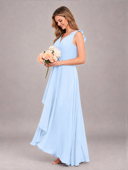 Light Blue Modern V-Neck Sleeveless Ruffles Floor Length Bridesmaid Dress