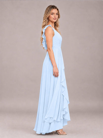 Light Blue Modern V-Neck Sleeveless Ruffles Floor Length Bridesmaid Dress