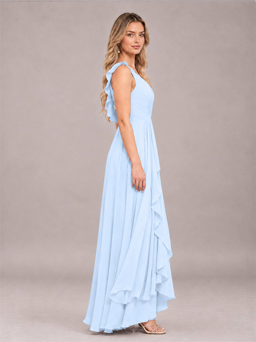 Light Blue Modern V-Neck Sleeveless Ruffles Floor Length Bridesmaid Dress