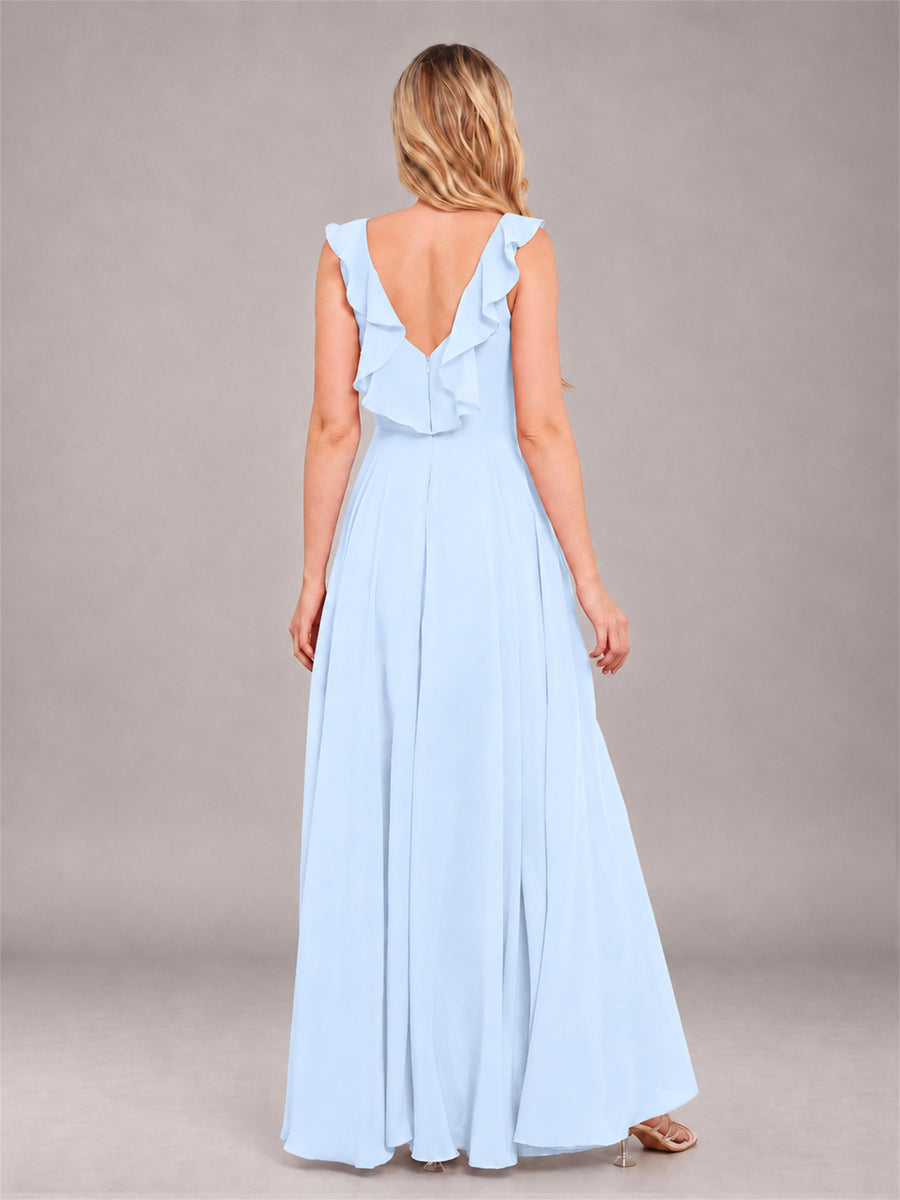Light Blue Modern V-Neck Sleeveless Ruffles Floor Length Bridesmaid Dress