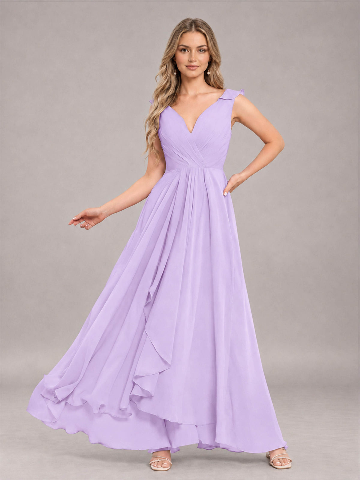 Lilac Modern V-Neck Sleeveless Ruffles Floor Length Bridesmaid Dress