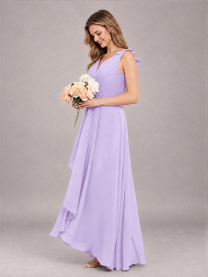 Lilac Modern V-Neck Sleeveless Ruffles Floor Length Bridesmaid Dress