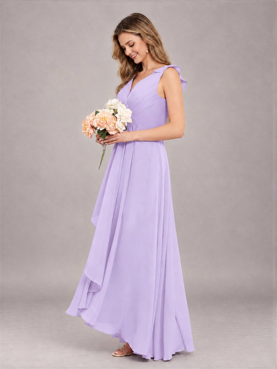 Lilac Modern V-Neck Sleeveless Ruffles Floor Length Bridesmaid Dress