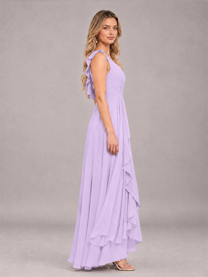 Lilac Modern V-Neck Sleeveless Ruffles Floor Length Bridesmaid Dress