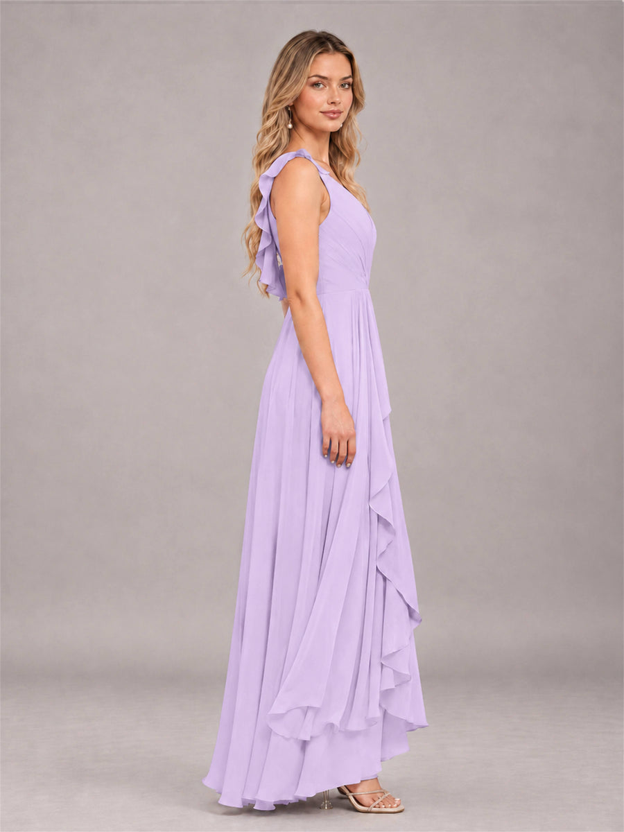 Lilac Modern V-Neck Sleeveless Ruffles Floor Length Bridesmaid Dress