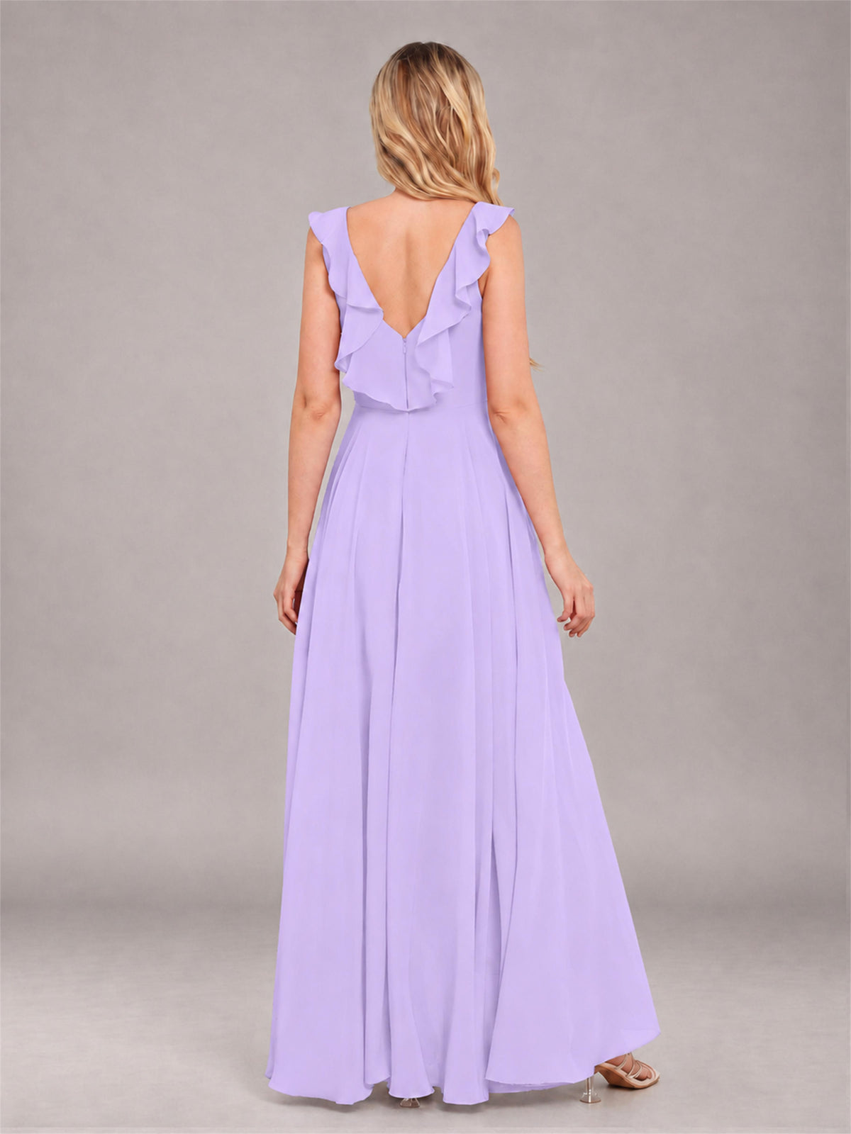 Lilac Modern V-Neck Sleeveless Ruffles Floor Length Bridesmaid Dress