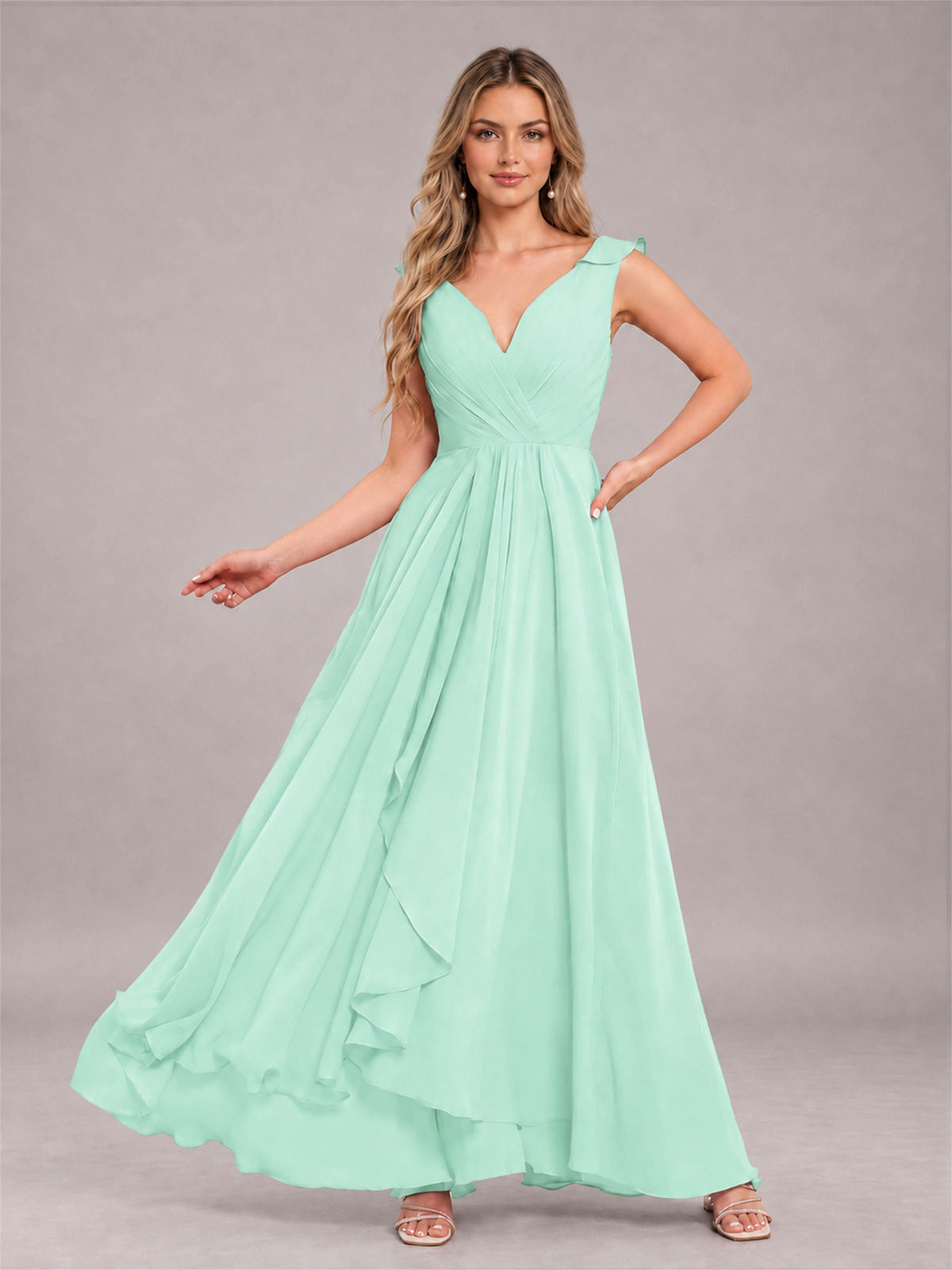Mint Green Modern V-Neck Sleeveless Ruffles Floor Length Bridesmaid Dress