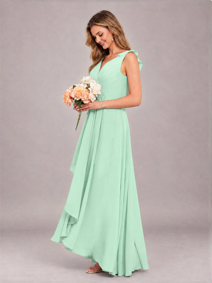 Mint Green Modern V-Neck Sleeveless Ruffles Floor Length Bridesmaid Dress