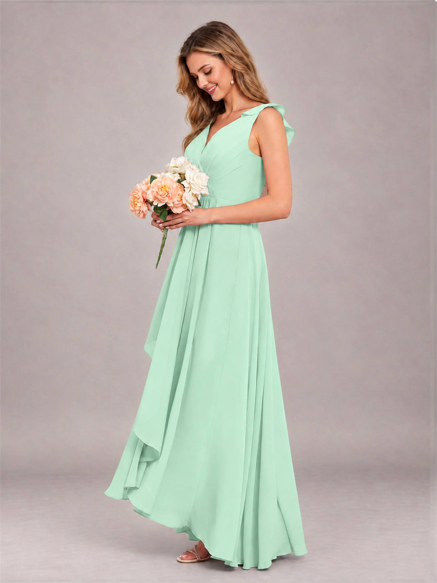 Mint Green Modern V-Neck Sleeveless Ruffles Floor Length Bridesmaid Dress