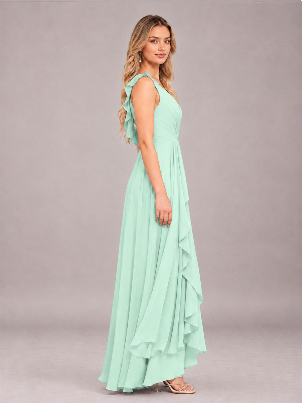 Mint Green Modern V-Neck Sleeveless Ruffles Floor Length Bridesmaid Dress