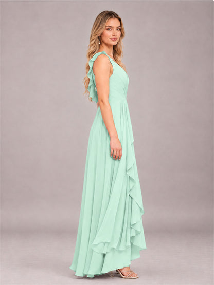 Mint Green Modern V-Neck Sleeveless Ruffles Floor Length Bridesmaid Dress