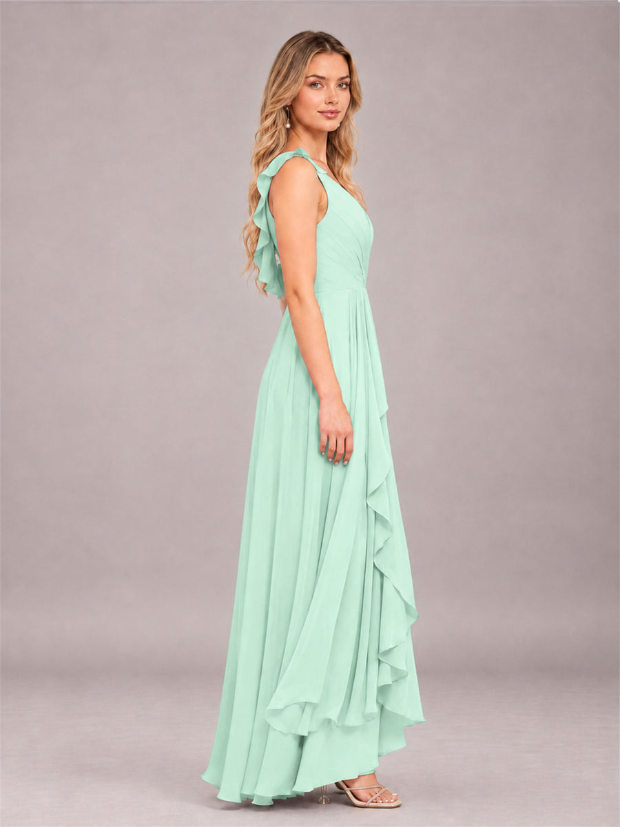 Mint Green Modern V-Neck Sleeveless Ruffles Floor Length Bridesmaid Dress