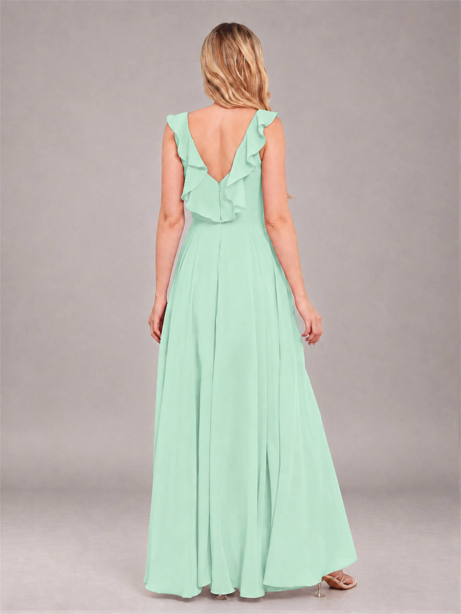 Mint Green Modern V-Neck Sleeveless Ruffles Floor Length Bridesmaid Dress