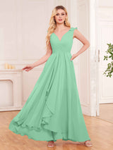 Modern V-Neck Sleeveless Ruffles Floor Length Bridesmaid Dresses