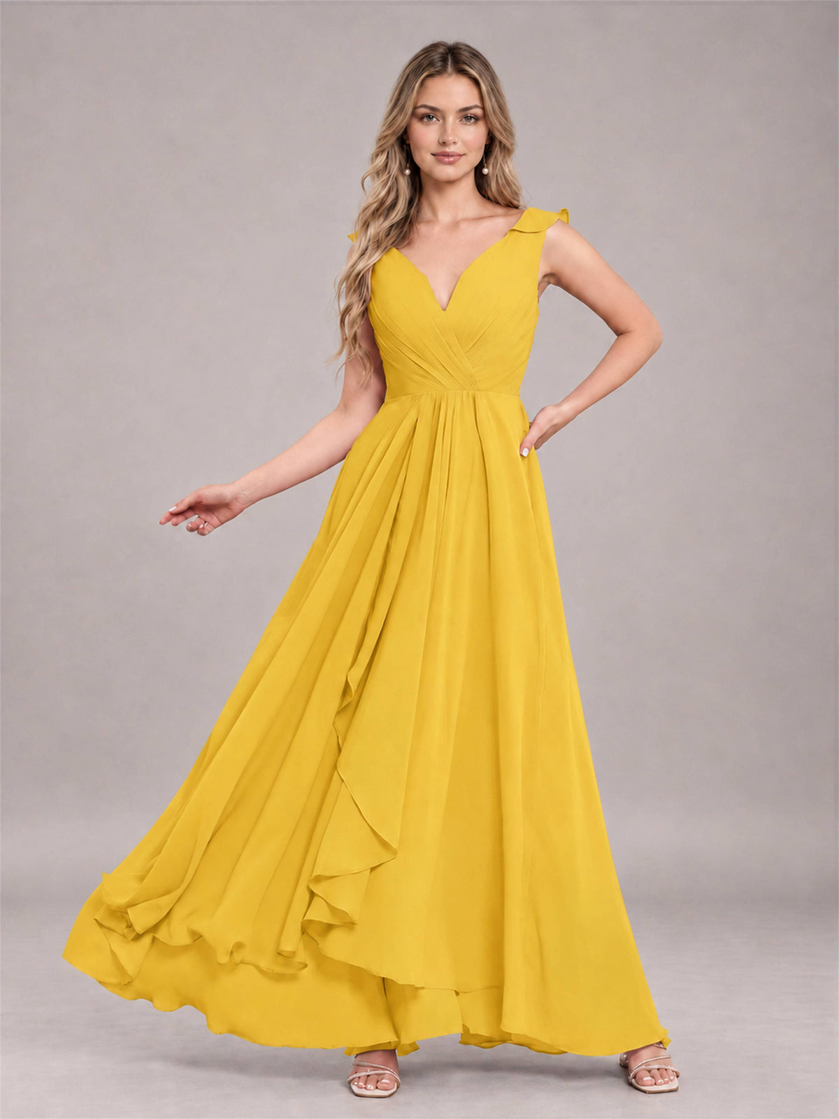 Mustard Yellow Modern V-Neck Sleeveless Ruffles Floor Length Bridesmaid Dress