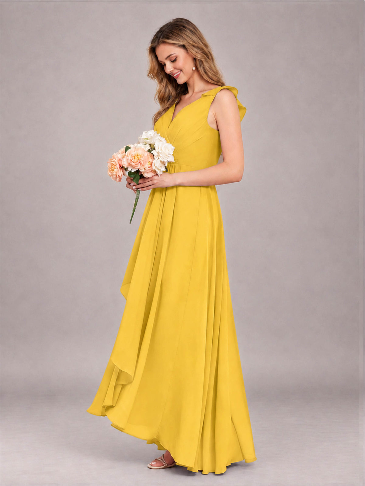 Mustard Yellow Modern V-Neck Sleeveless Ruffles Floor Length Bridesmaid Dress