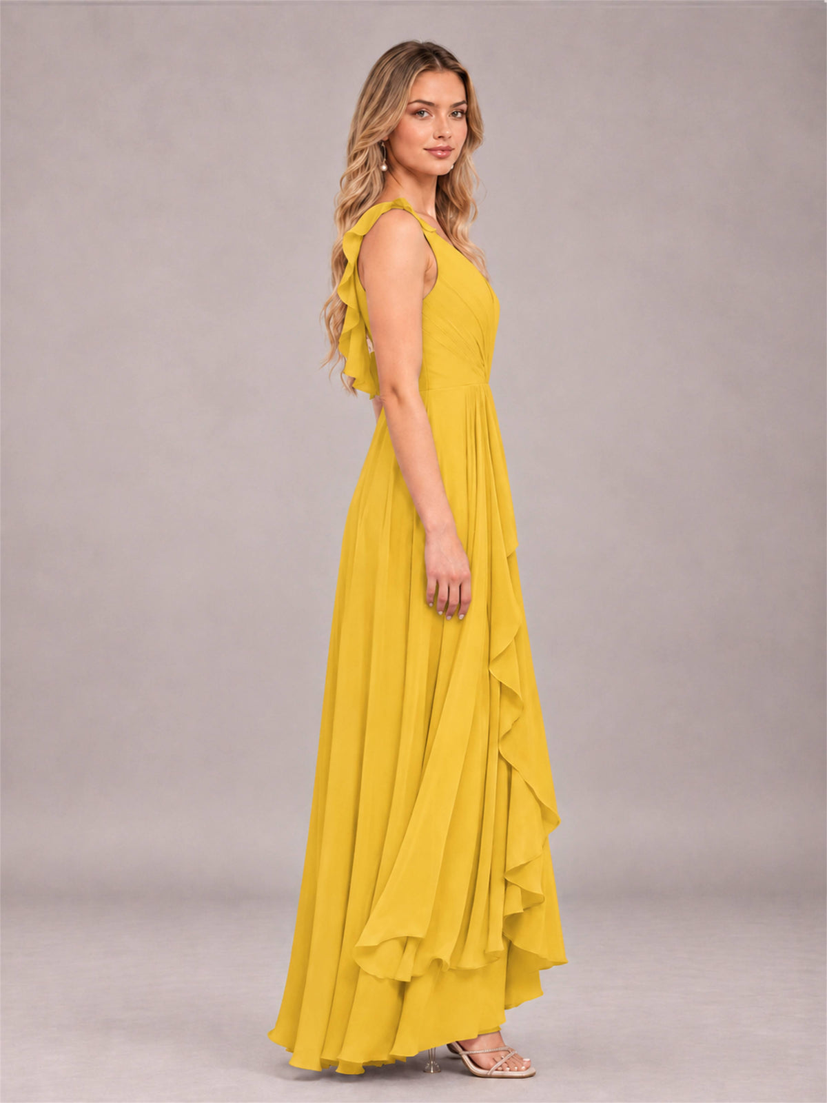 Mustard Yellow Modern V-Neck Sleeveless Ruffles Floor Length Bridesmaid Dress