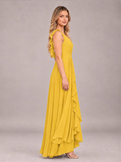 Mustard Yellow Modern V-Neck Sleeveless Ruffles Floor Length Bridesmaid Dress