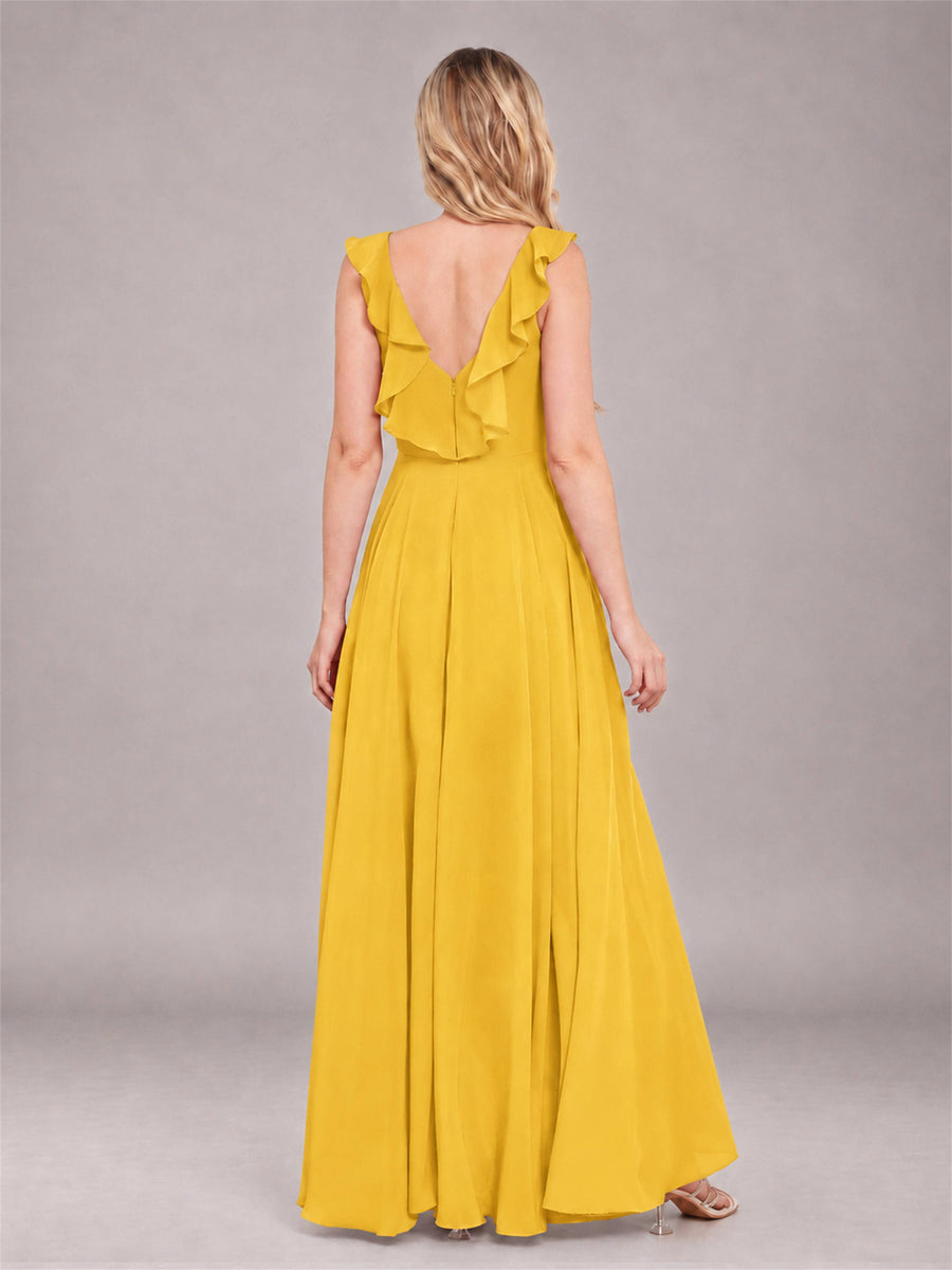 Mustard Yellow Modern V-Neck Sleeveless Ruffles Floor Length Bridesmaid Dress