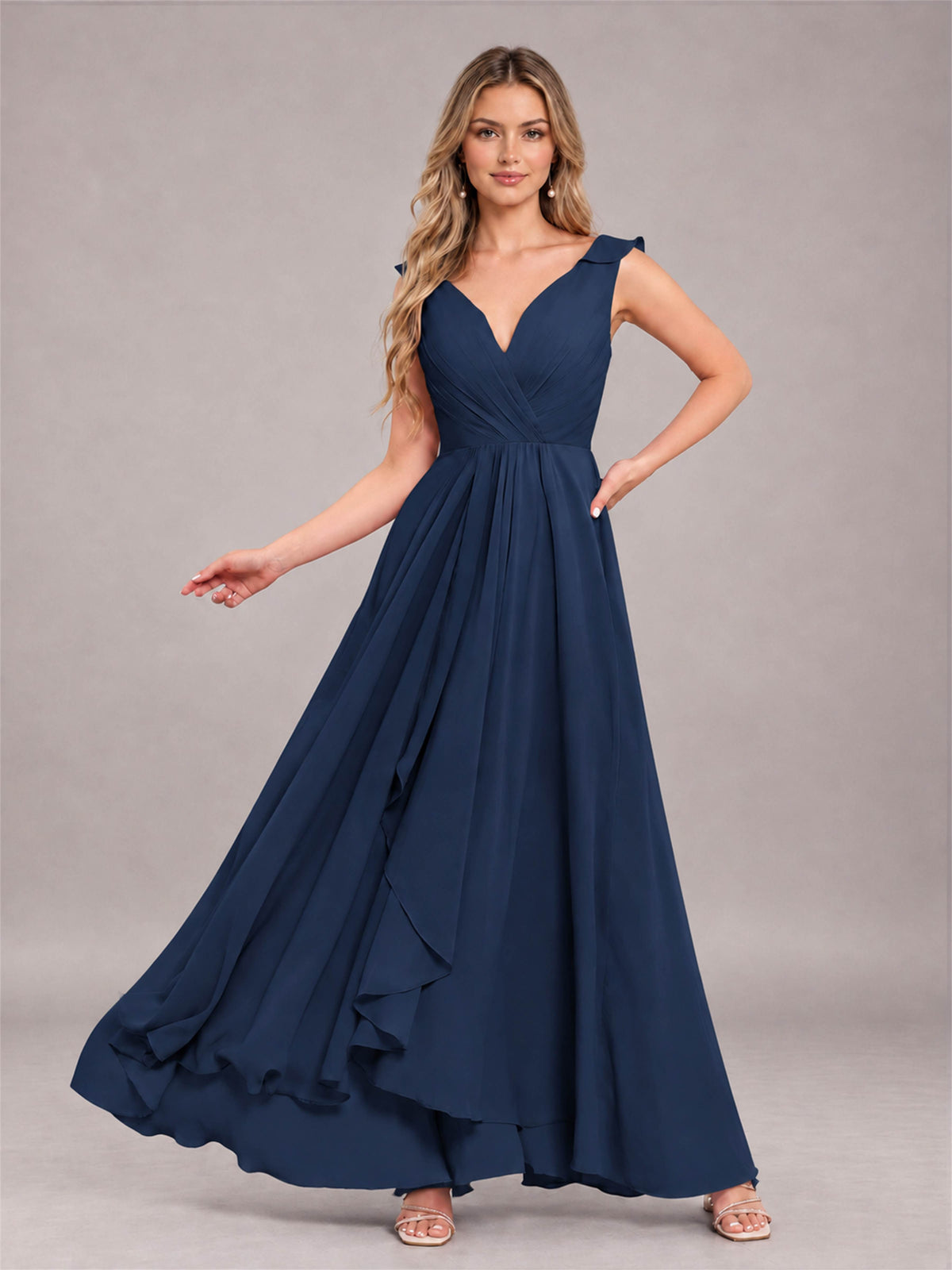 Navy Blue Modern V-Neck Sleeveless Ruffles Floor Length Bridesmaid Dress