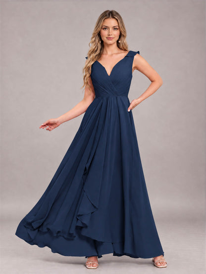 Navy Blue Modern V-Neck Sleeveless Ruffles Floor Length Bridesmaid Dress