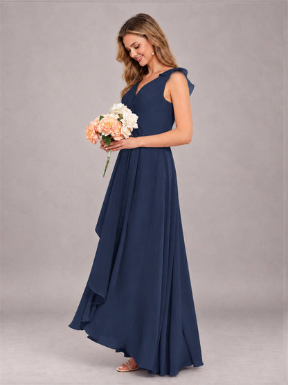 Navy Blue Modern V-Neck Sleeveless Ruffles Floor Length Bridesmaid Dress