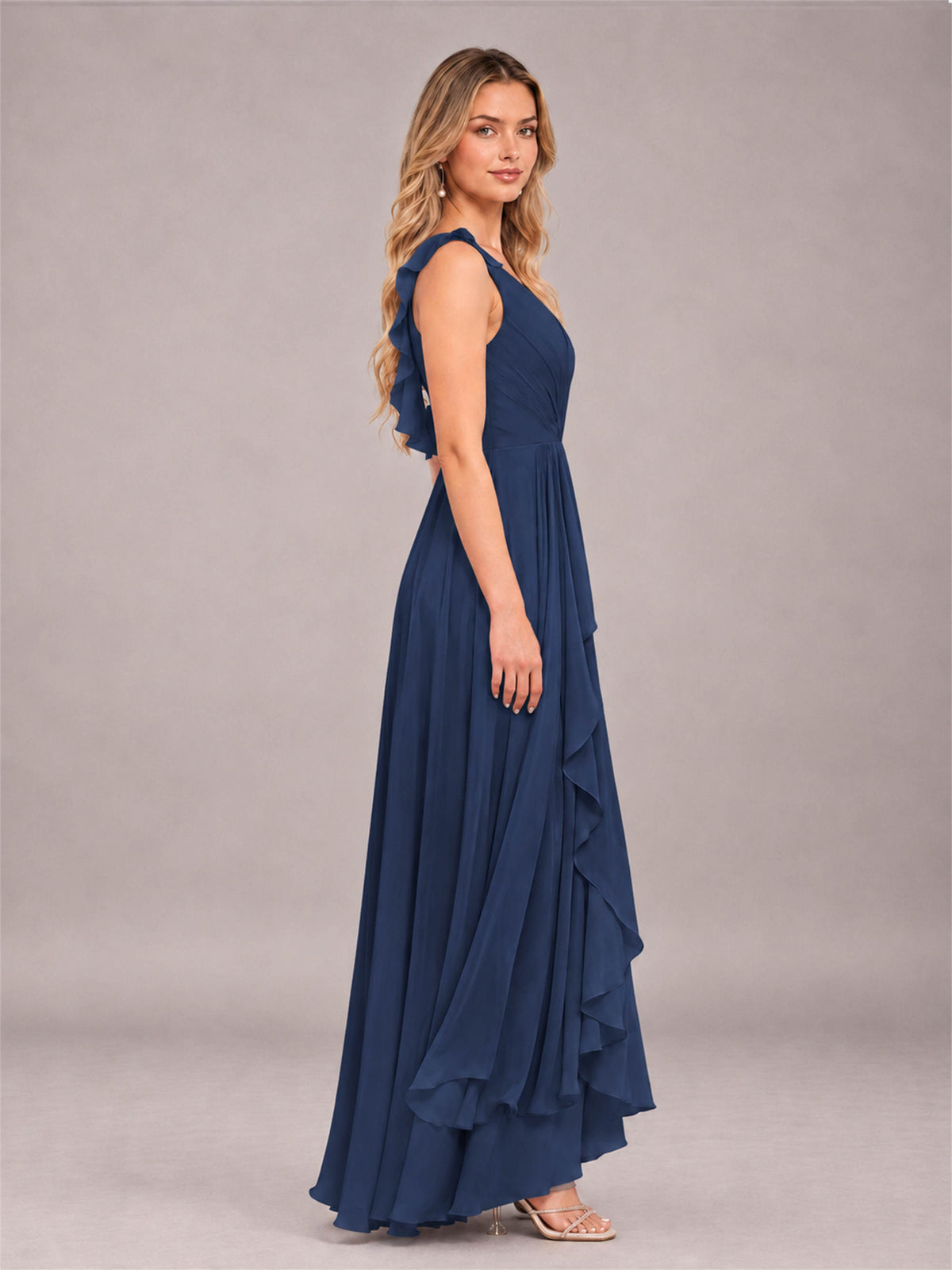 Navy Blue Modern V-Neck Sleeveless Ruffles Floor Length Bridesmaid Dress