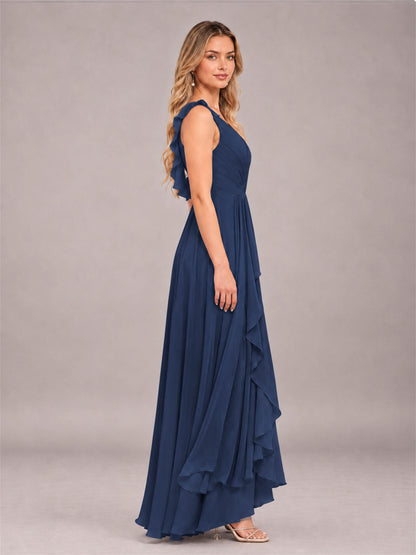 Navy Blue Modern V-Neck Sleeveless Ruffles Floor Length Bridesmaid Dress