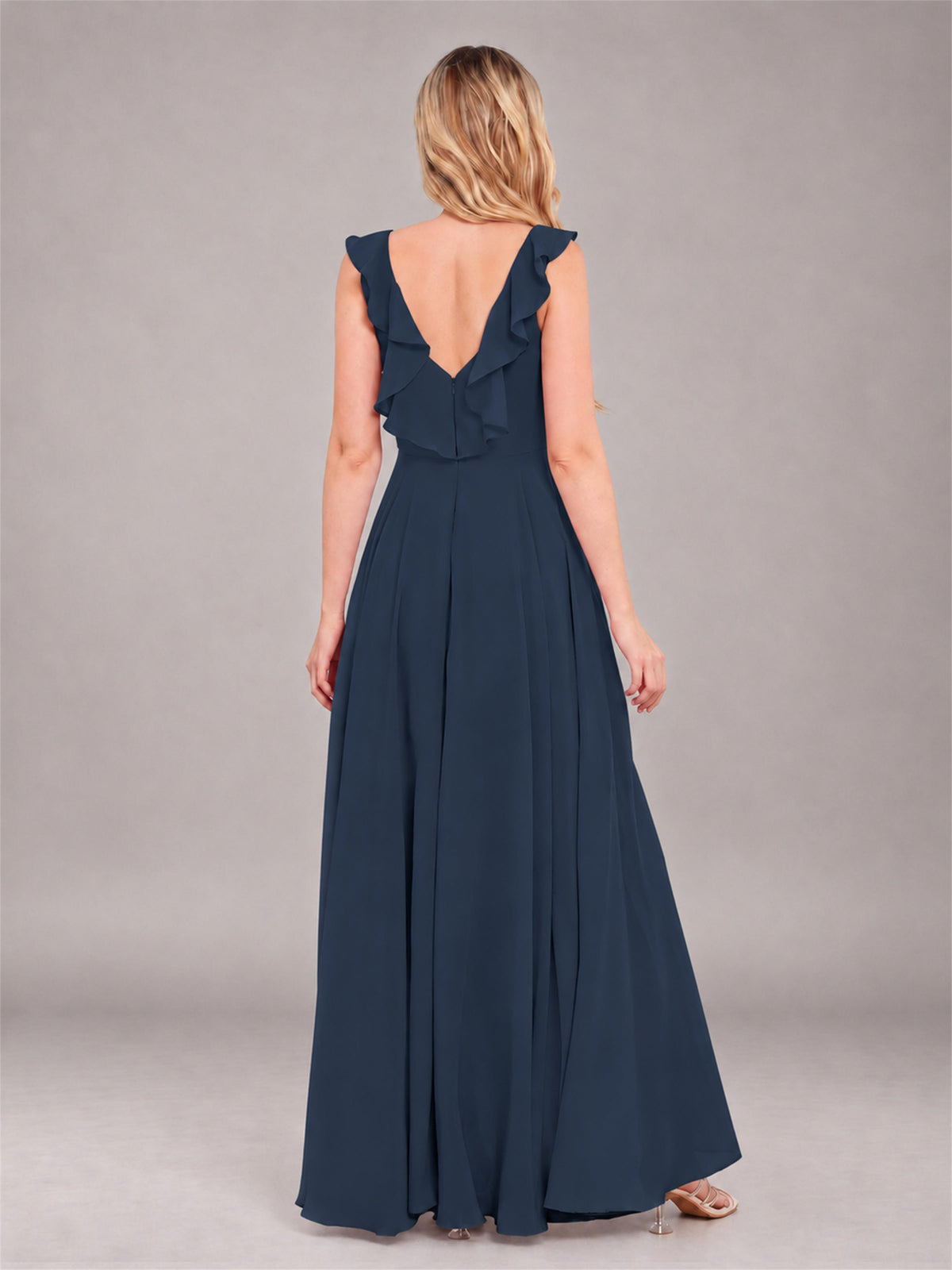 Navy Blue Modern V-Neck Sleeveless Ruffles Floor Length Bridesmaid Dress
