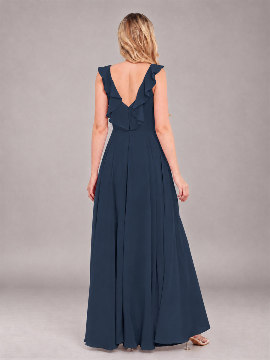 Navy Blue Modern V-Neck Sleeveless Ruffles Floor Length Bridesmaid Dress