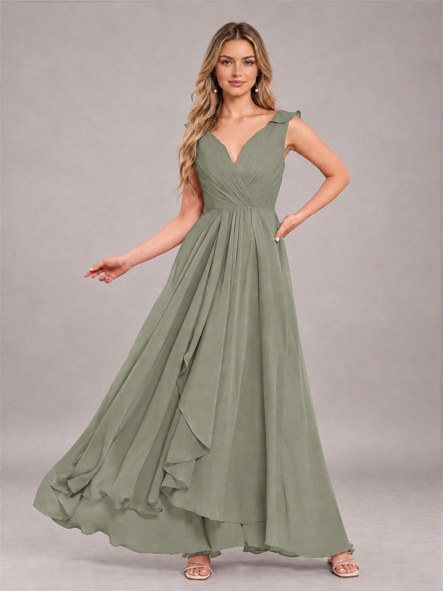 Olive Green Modern V-Neck Sleeveless Ruffles Floor Length Bridesmaid Dress