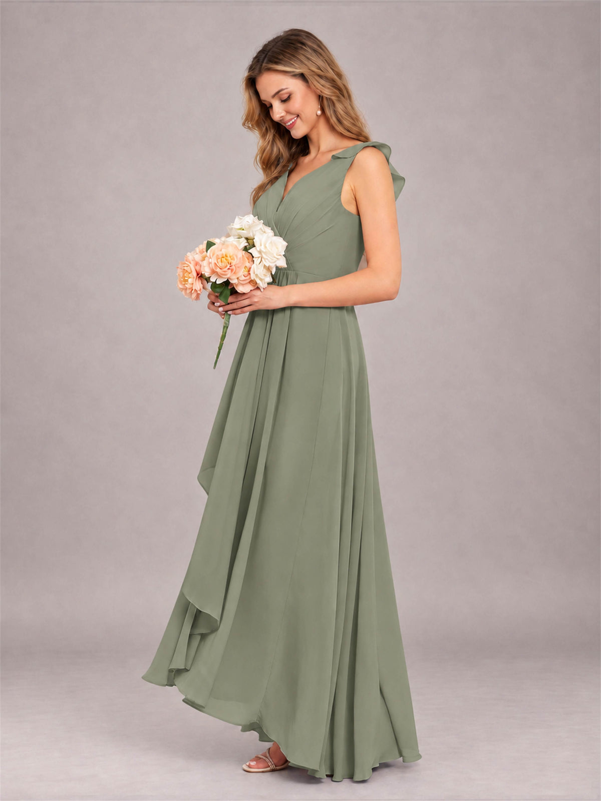 Olive Green Modern V-Neck Sleeveless Ruffles Floor Length Bridesmaid Dress