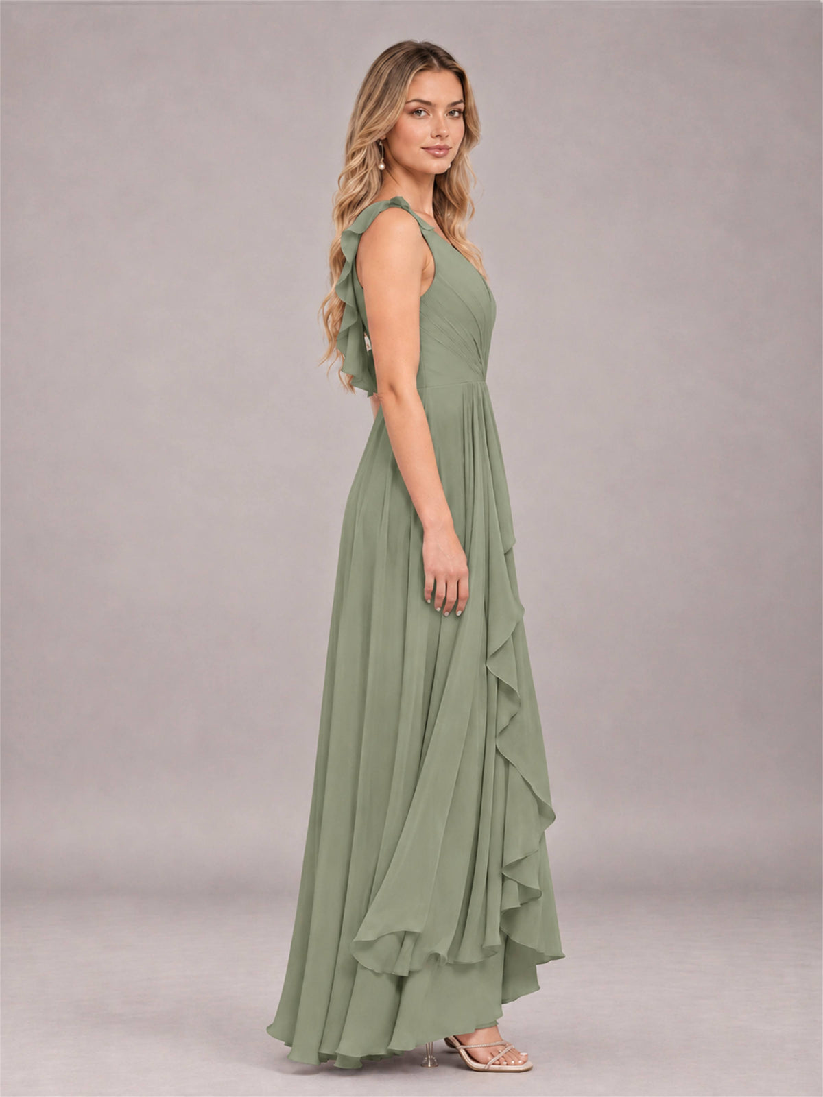 Olive Green Modern V-Neck Sleeveless Ruffles Floor Length Bridesmaid Dress