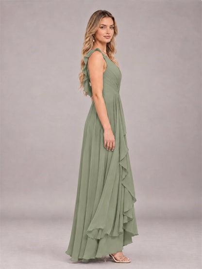 Olive Green Modern V-Neck Sleeveless Ruffles Floor Length Bridesmaid Dress
