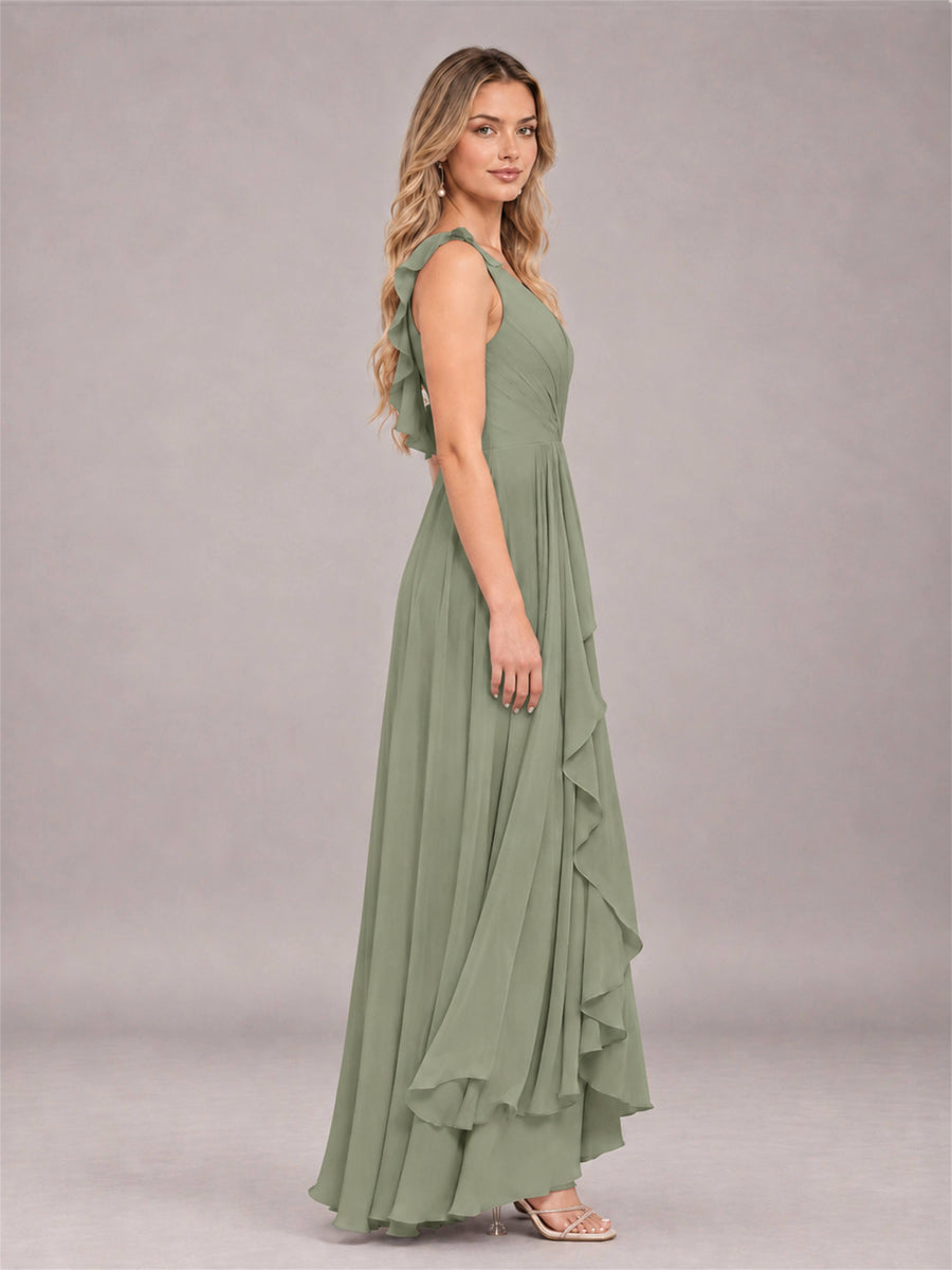 Olive Green Modern V-Neck Sleeveless Ruffles Floor Length Bridesmaid Dress