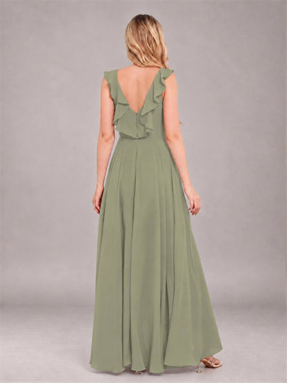 Olive Green Modern V-Neck Sleeveless Ruffles Floor Length Bridesmaid Dress
