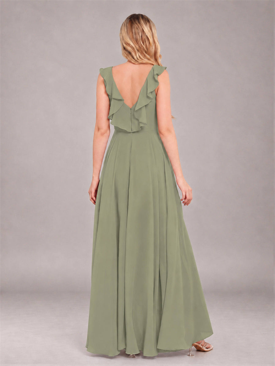 Olive Green Modern V-Neck Sleeveless Ruffles Floor Length Bridesmaid Dress