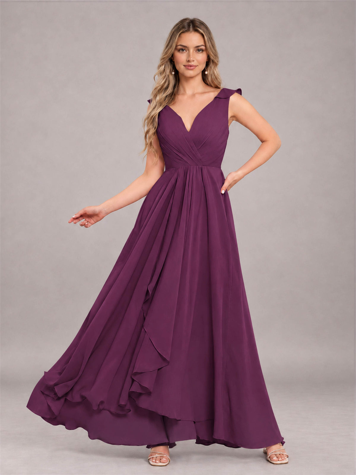 Plum Modern V-Neck Sleeveless Ruffles Floor Length Bridesmaid Dress