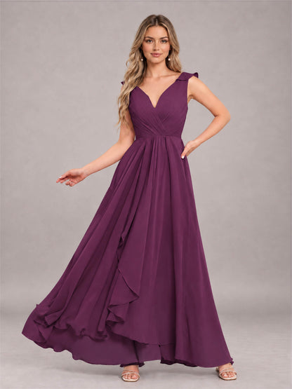 Plum Modern V-Neck Sleeveless Ruffles Floor Length Bridesmaid Dress