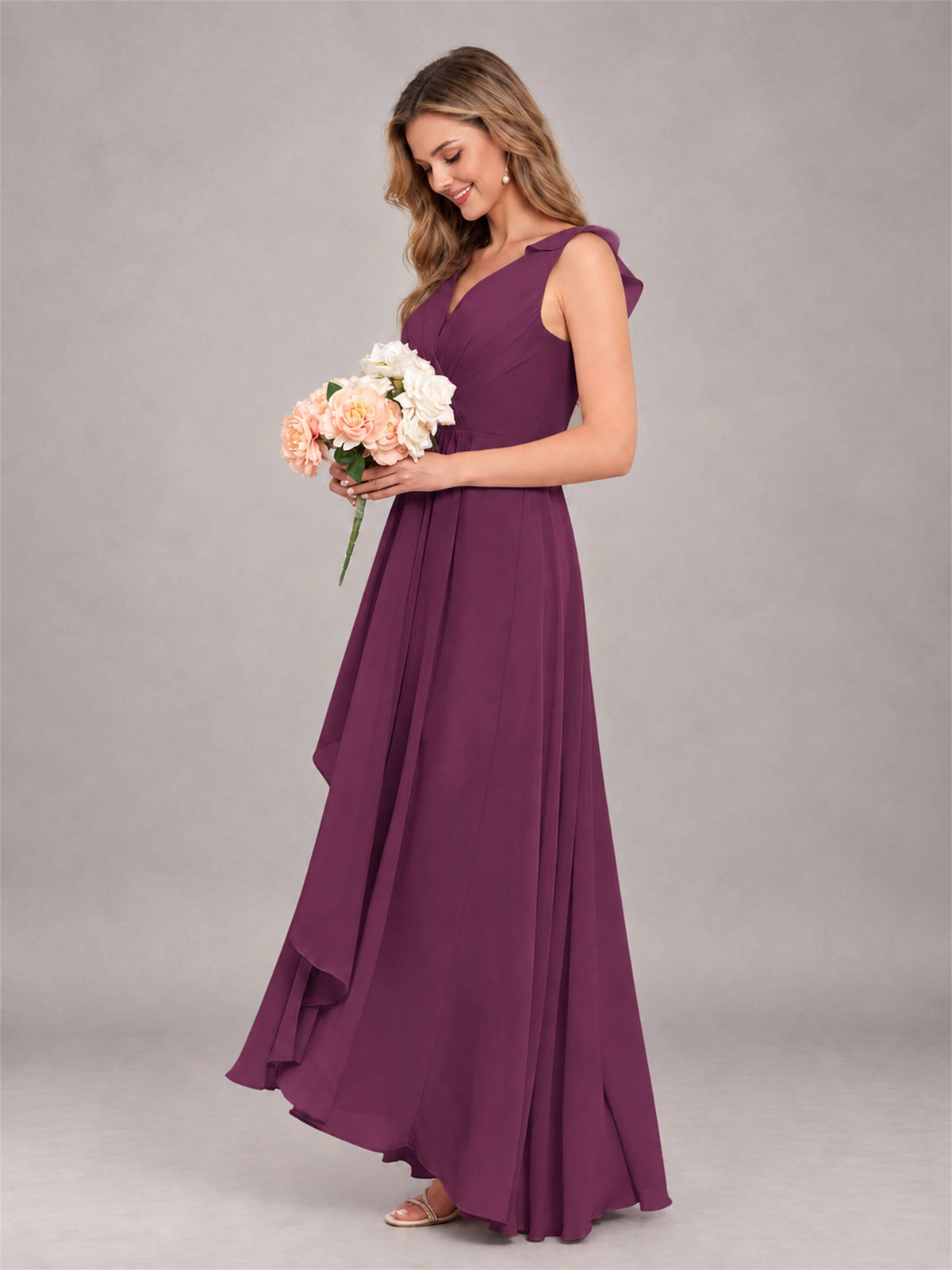 Plum Modern V-Neck Sleeveless Ruffles Floor Length Bridesmaid Dress
