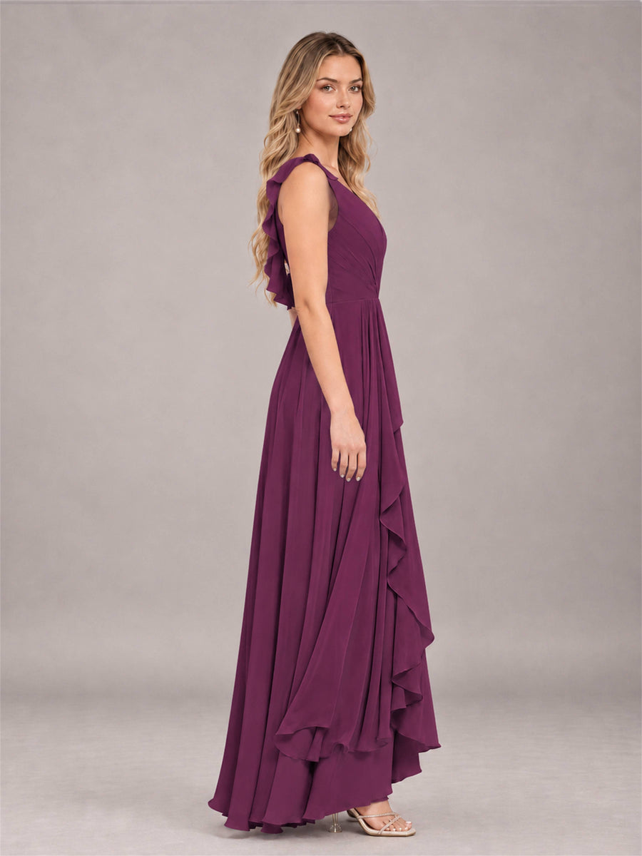 Plum Modern V-Neck Sleeveless Ruffles Floor Length Bridesmaid Dress