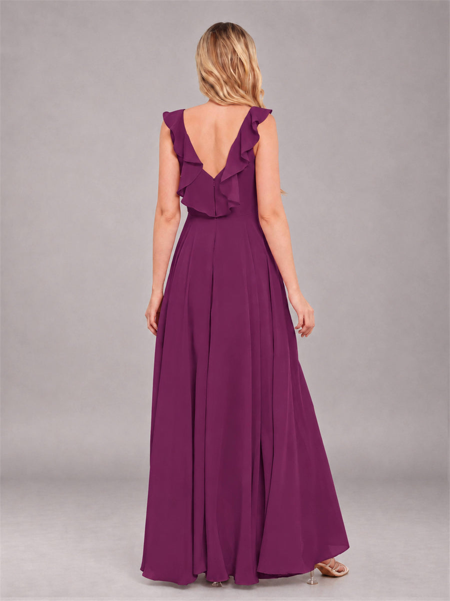 Plum Modern V-Neck Sleeveless Ruffles Floor Length Bridesmaid Dress