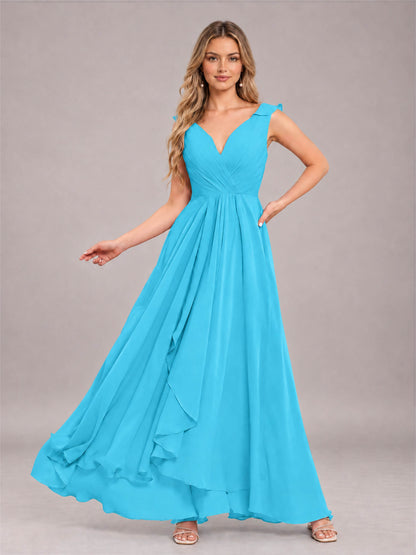 Pool Modern V-Neck Sleeveless Ruffles Floor Length Bridesmaid Dress