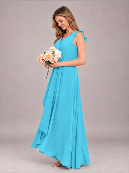Pool Modern V-Neck Sleeveless Ruffles Floor Length Bridesmaid Dress