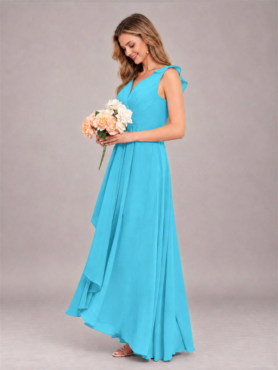Pool Modern V-Neck Sleeveless Ruffles Floor Length Bridesmaid Dress