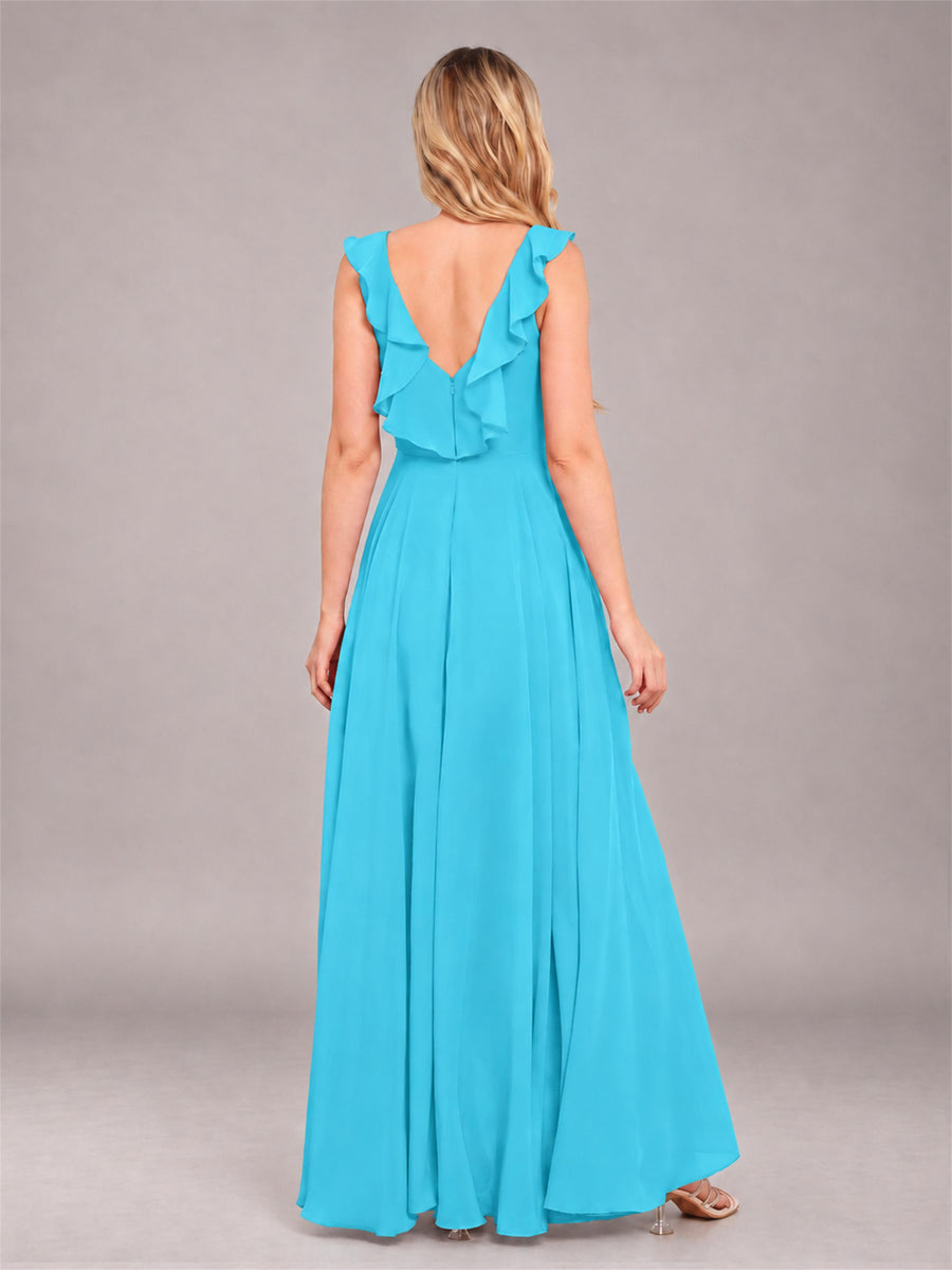 Pool Modern V-Neck Sleeveless Ruffles Floor Length Bridesmaid Dress