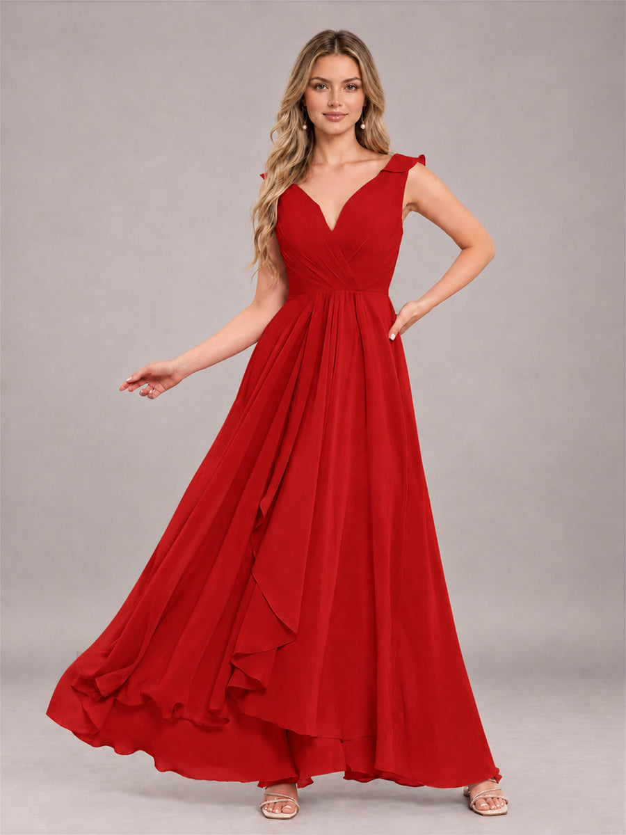 Red Modern V-Neck Sleeveless Ruffles Floor Length Bridesmaid Dress